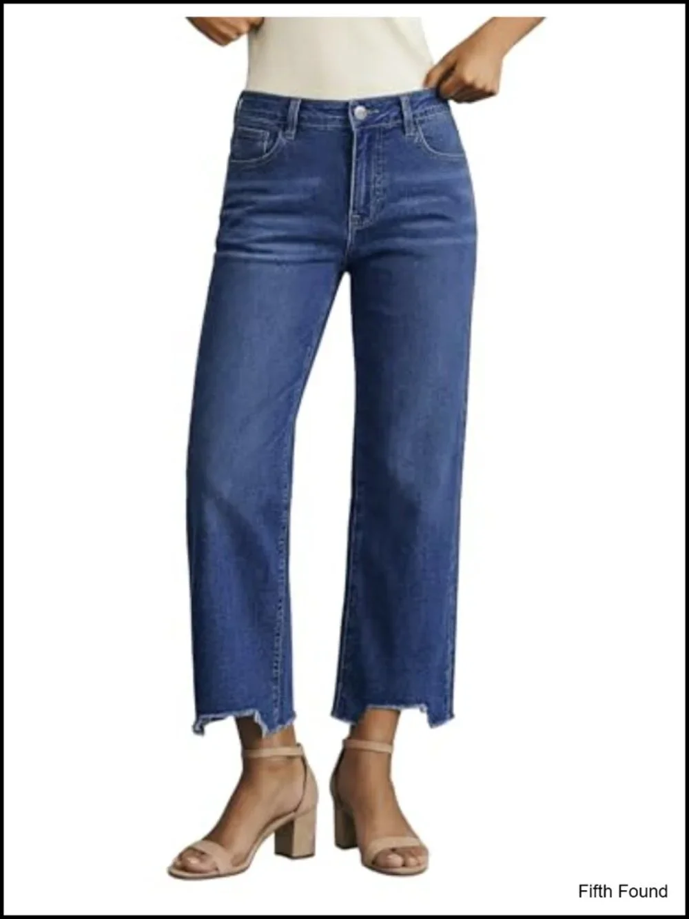 Straight Leg Cropped Jeans Mid Rise Baggy Distressed Raw Hem Stretchy Denim
